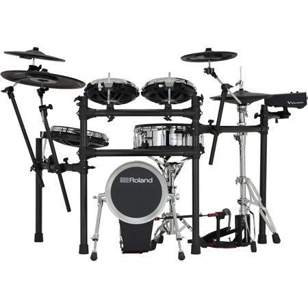 Roland TD-516 Mid-level V-Drums 5 Series kit with the V51 module, digital snare, ride, and hi-hat pads, high-performance analog pads, and a versatile rack stand