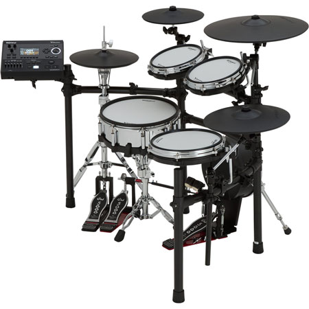 Roland TD-516 Mid-level V-Drums 5 Series kit with the V51 module, digital snare, ride, and hi-hat pads, high-performance analog pads, and a versatile rack stand