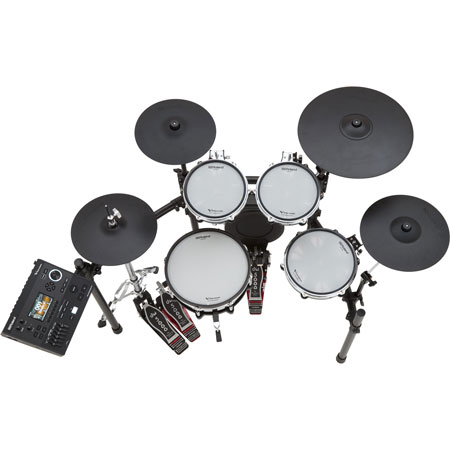 Roland TD-516 Mid-level V-Drums 5 Series kit with the V51 module, digital snare, ride, and hi-hat pads, high-performance analog pads, and a versatile rack stand